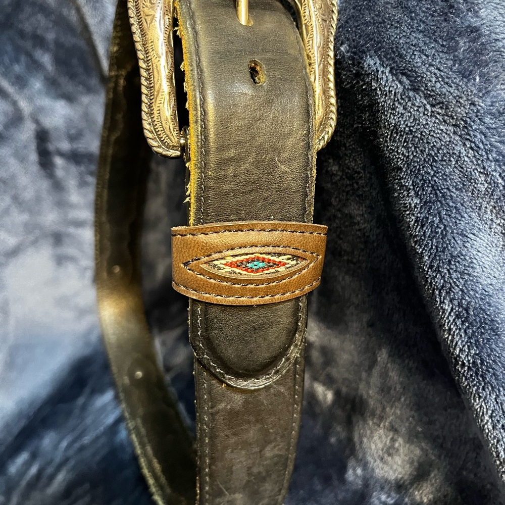 Wrangler Vintage Black Leather Embroidered Belt Silver Buckle 34” - Picture 2 of 5